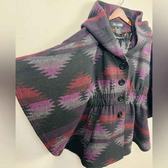Steve Madden Poncho-Style Jacket – Southwest Geometric Hooded Cape, Size M - Picture 6 of 13